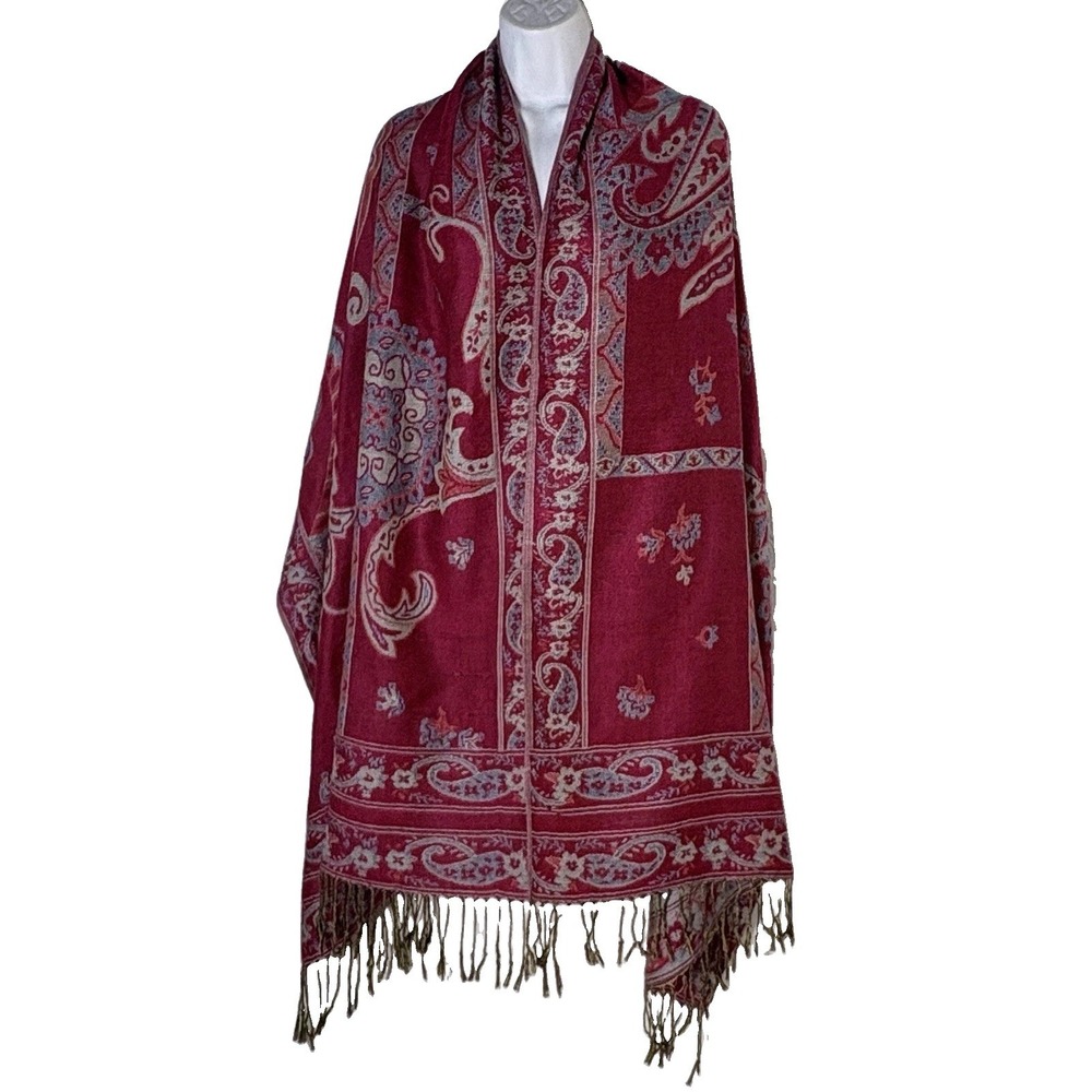 Forever 21 Maroon Paisley Pashmina Shawl Scarf Wrap Fringe Boho Burgundy